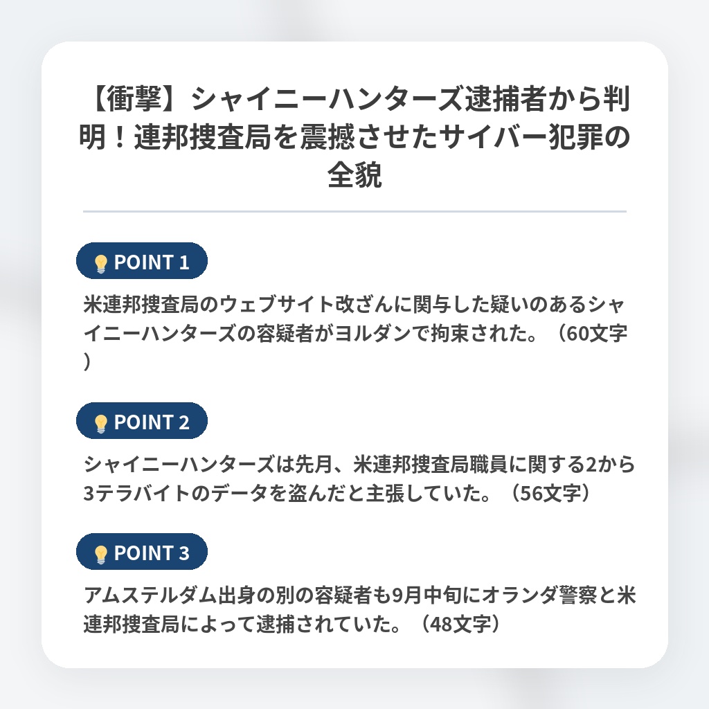 【衝撃】シャイニーハンターズ逮捕者から判明！連邦捜査局を震撼させたサイバー犯罪の全貌の注目ポイントまとめ