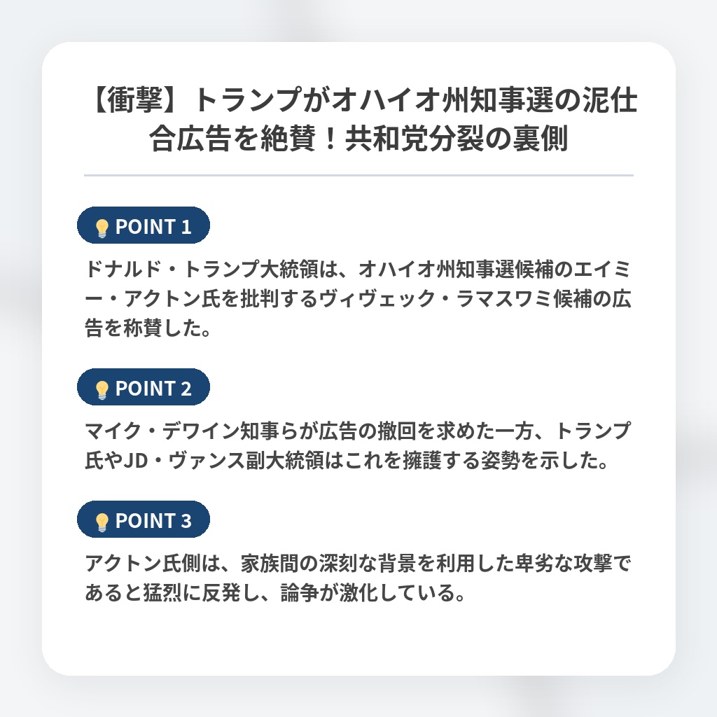 【衝撃】トランプがオハイオ州知事選の泥仕合広告を絶賛!共和党分裂の裏側の注目ポイントまとめ