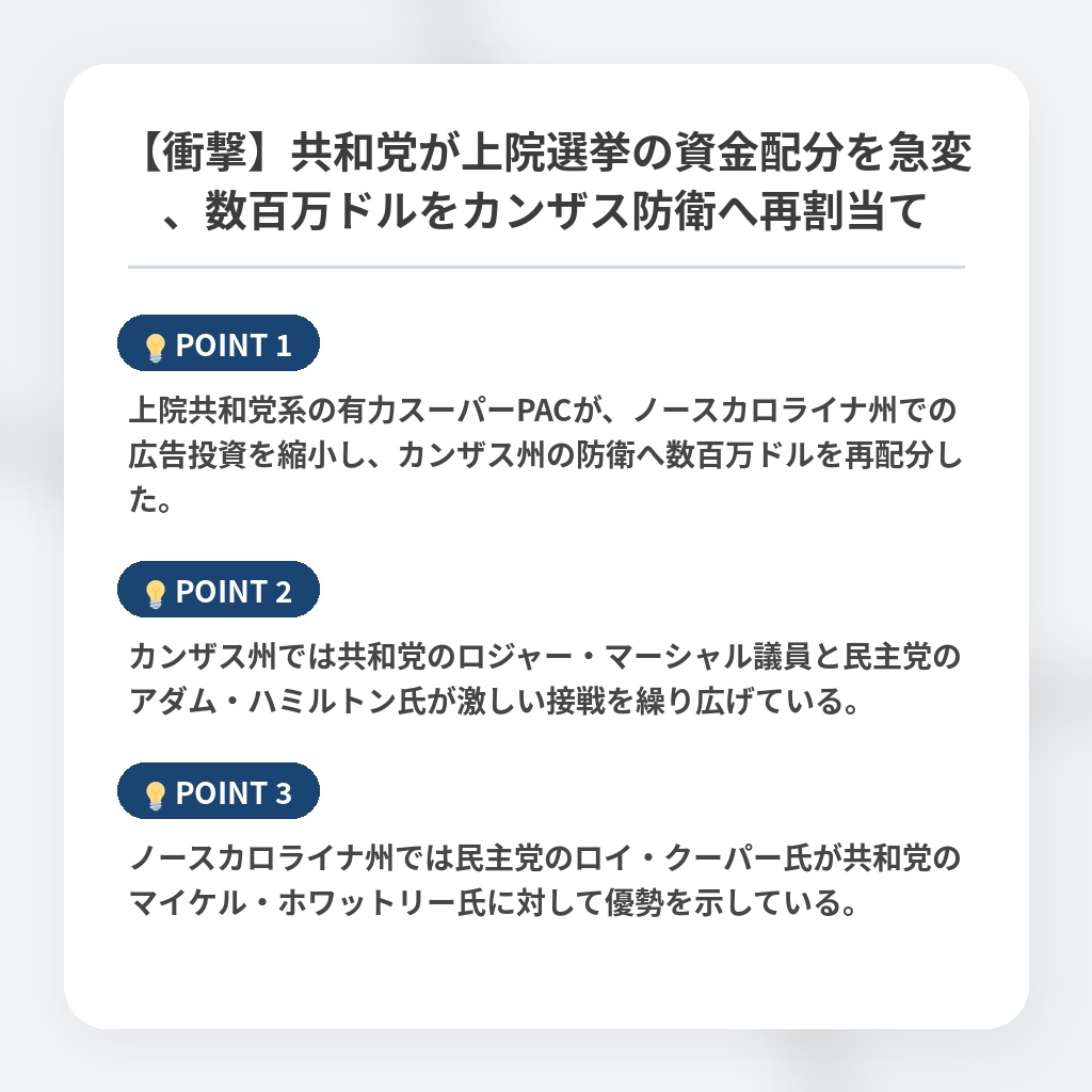 【衝撃】共和党が上院選挙の資金配分を急変、数百万ドルをカンザス防衛へ再割当ての注目ポイントまとめ
