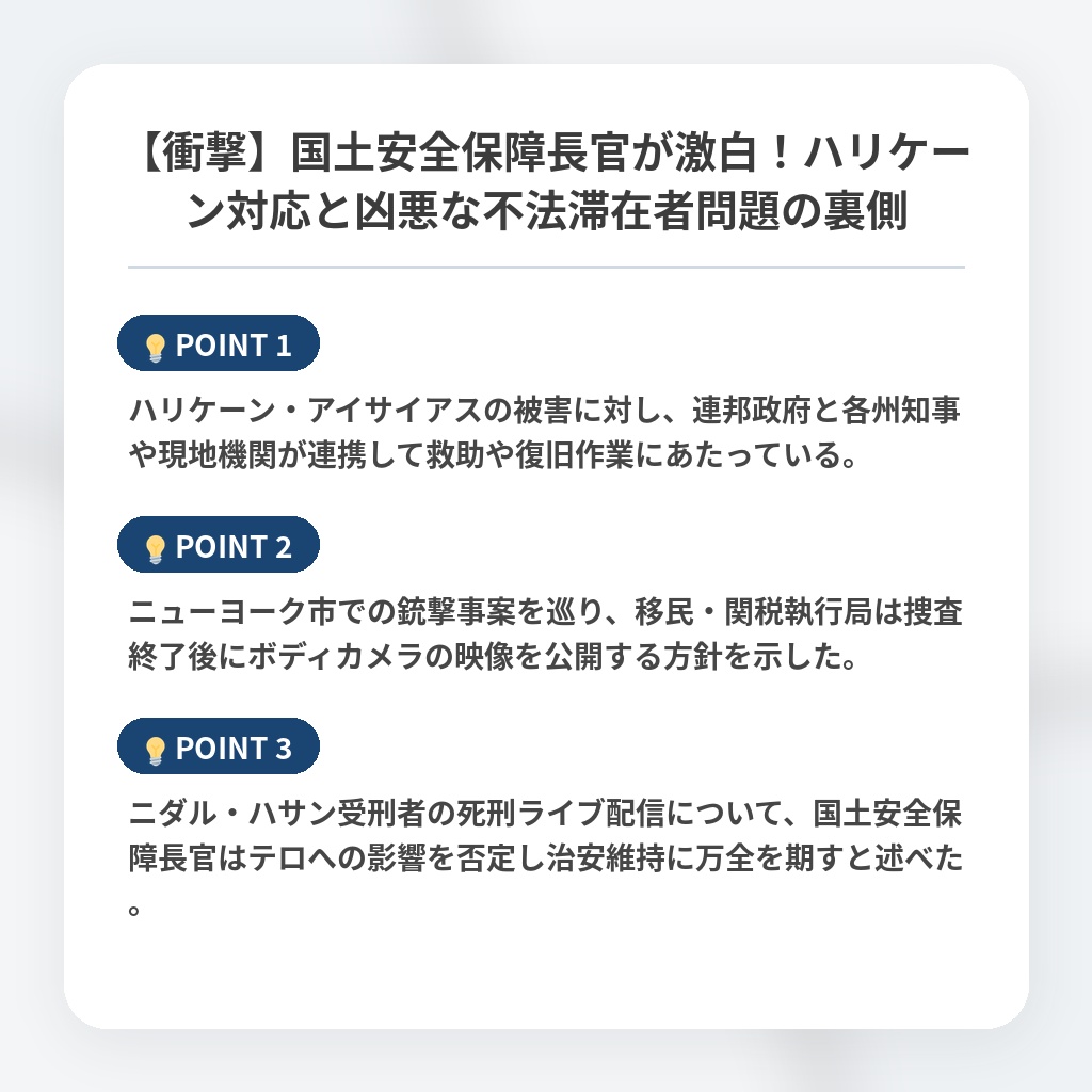 【衝撃】国土安全保障長官が激白！ハリケーン対応と凶悪な不法滞在者問題の裏側の注目ポイントまとめ