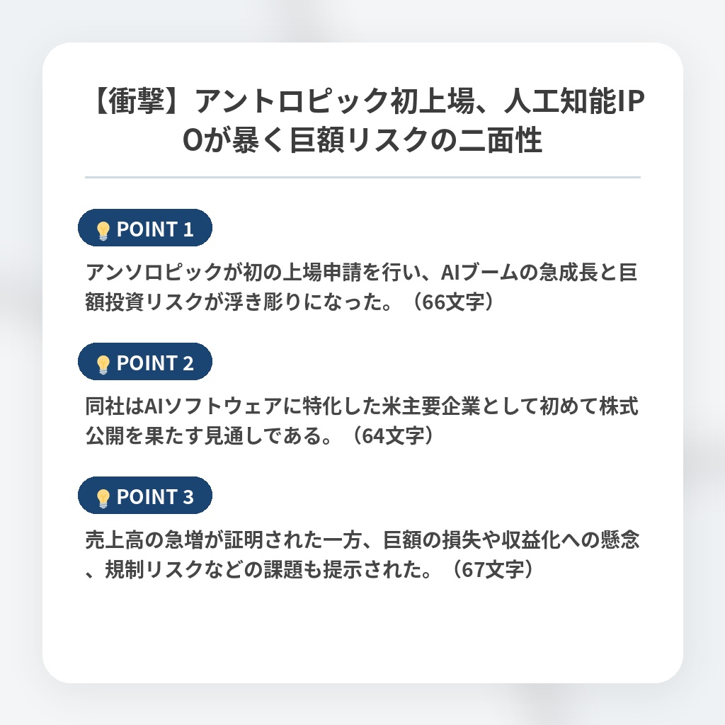 【衝撃】アントロピック初上場、人工知能IPOが暴く巨額リスクの二面性の注目ポイントまとめ