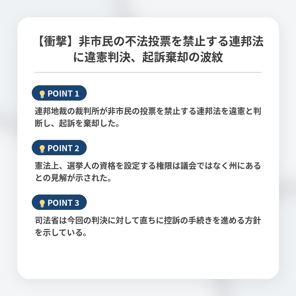 【衝撃】非市民の不法投票を禁止する連邦法に違憲判決、起訴棄却の波紋の注目ポイントまとめ