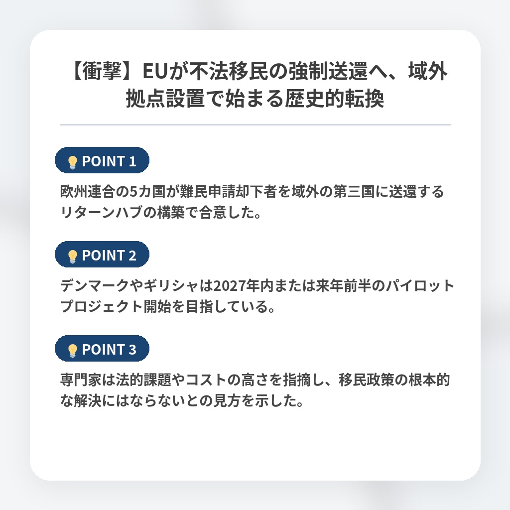【衝撃】EUが不法移民の強制送還へ、域外拠点設置で始まる歴史的転換の注目ポイントまとめ