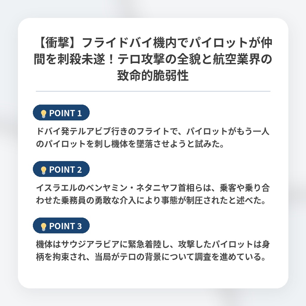 【衝撃】フライドバイ機内でパイロットが仲間を刺殺未遂！テロ攻撃の全貌と航空業界の致命的脆弱性の注目ポイントまとめ