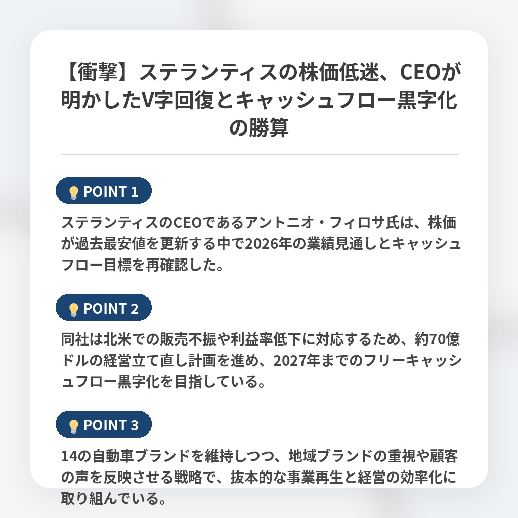 【衝撃】ステランティスの株価低迷、CEOが明かしたV字回復とキャッシュフロー黒字化の勝算の注目ポイントまとめ