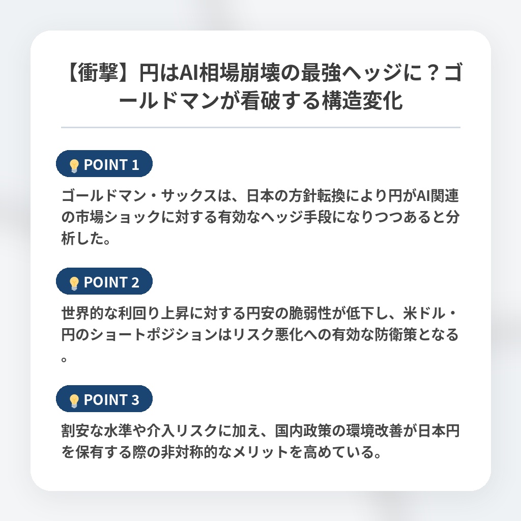 【衝撃】円はAI相場崩壊の最強ヘッジに？ゴールドマンが看破する構造変化の注目ポイントまとめ