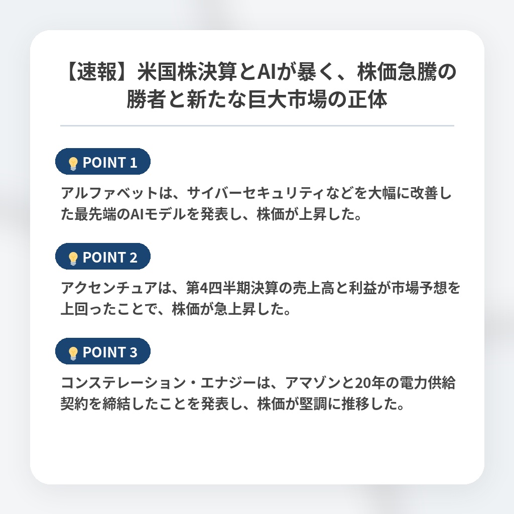 【速報】米国株決算とAIが暴く、株価急騰の勝者と新たな巨大市場の正体の注目ポイントまとめ