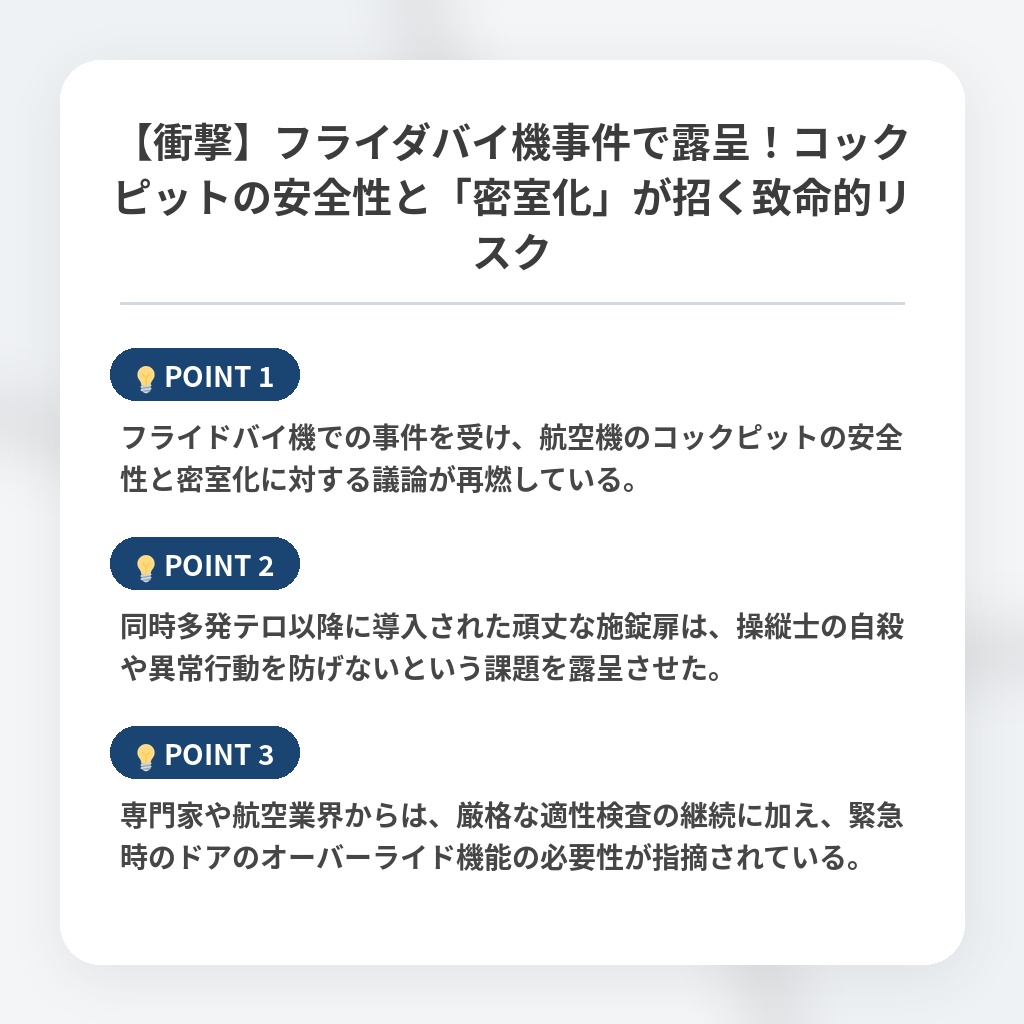 【衝撃】フライダバイ機事件で露呈！コックピットの安全性と「密室化」が招く致命的リスクの注目ポイントまとめ