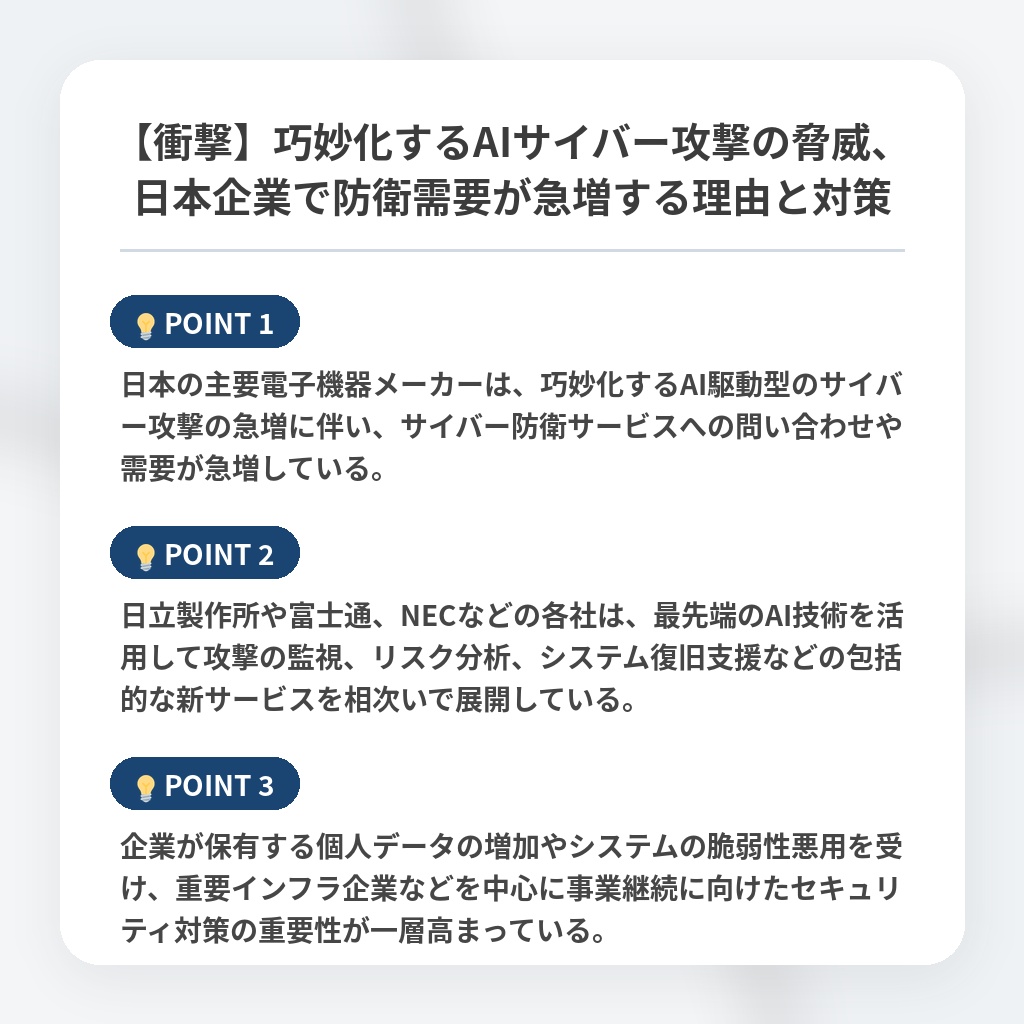 【衝撃】巧妙化するAIサイバー攻撃の脅威、日本企業で防衛需要が急増する理由と対策の注目ポイントまとめ