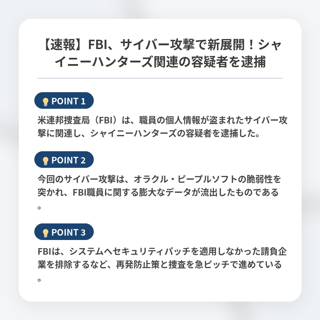 【速報】FBI、サイバー攻撃で新展開!シャイニーハンターズ関連の容疑者を逮捕の注目ポイントまとめ