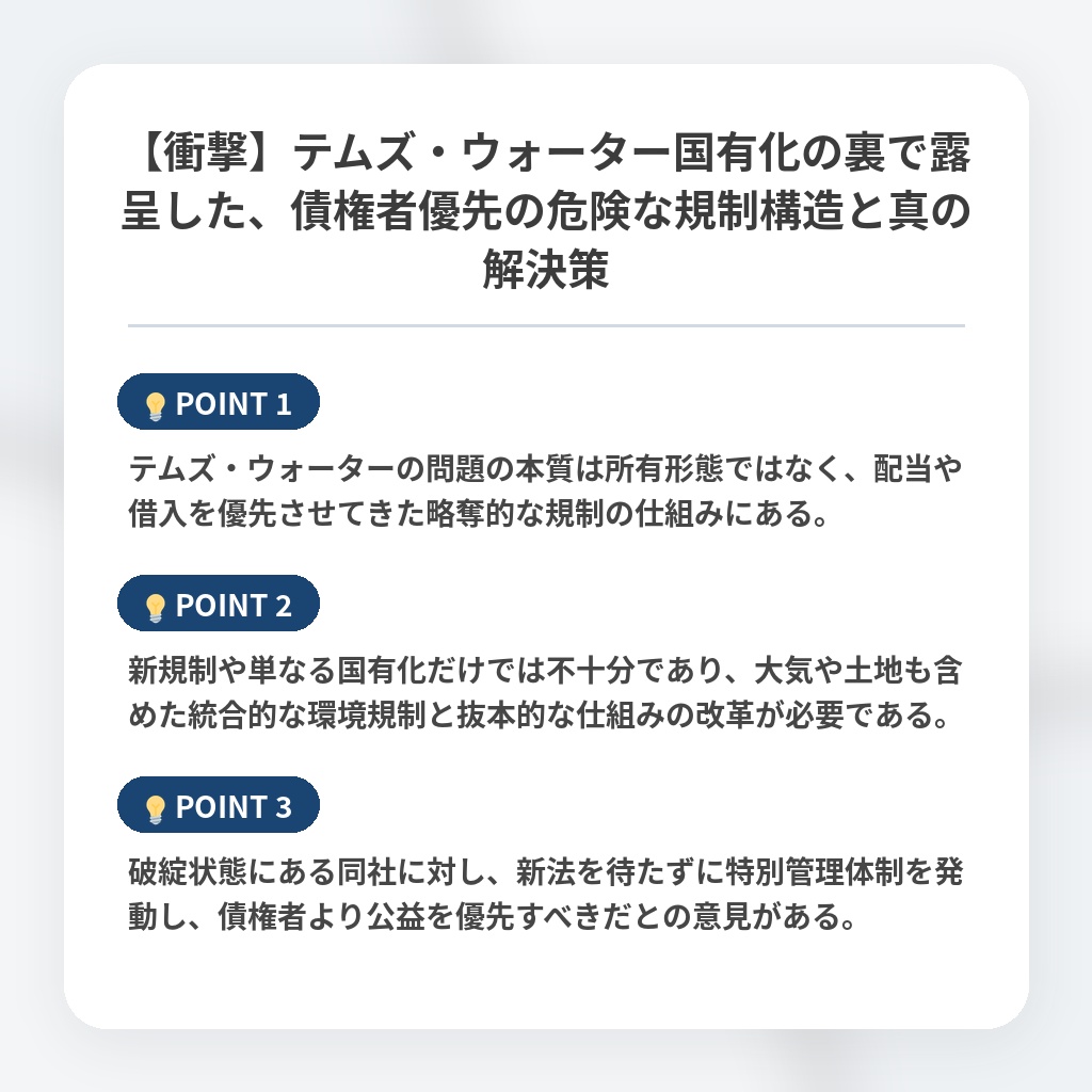 【衝撃】テムズ・ウォーター国有化の裏で露呈した、債権者優先の危険な規制構造と真の解決策の注目ポイントまとめ