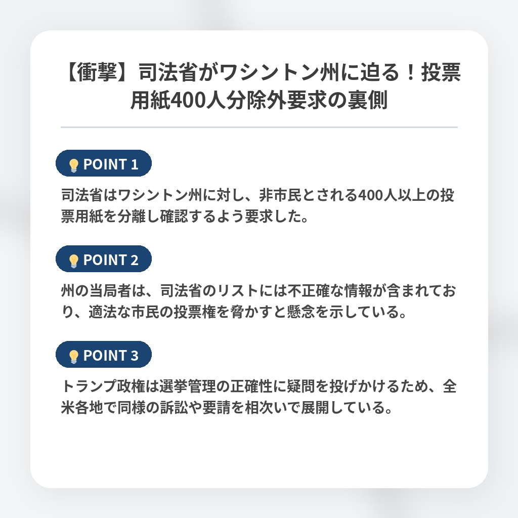 【衝撃】司法省がワシントン州に迫る!投票用紙400人分除外要求の裏側の注目ポイントまとめ