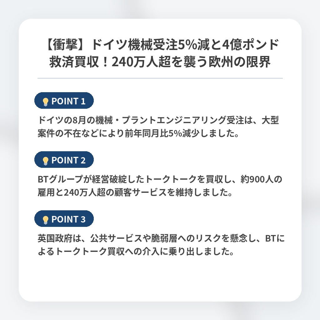 【衝撃】ドイツ機械受注5%減と4億ポンド救済買収！240万人超を襲う欧州の限界の注目ポイントまとめ