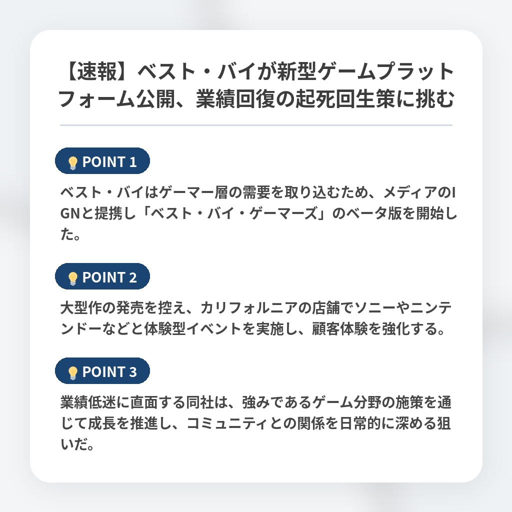 【速報】ベスト・バイが新型ゲームプラットフォーム公開、業績回復の起死回生策に挑むの注目ポイントまとめ