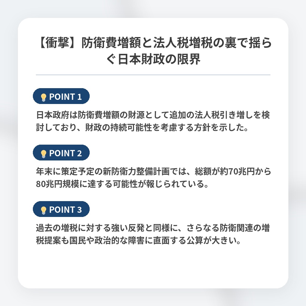 【衝撃】防衛費増額と法人税増税の裏で揺らぐ日本財政の限界の注目ポイントまとめ