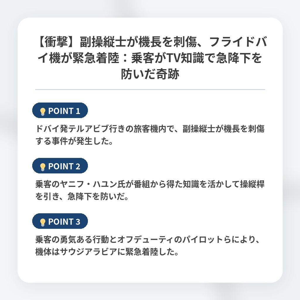 【衝撃】副操縦士が機長を刺傷、フライドバイ機が緊急着陸：乗客がTV知識で急降下を防いだ奇跡の注目ポイントまとめ