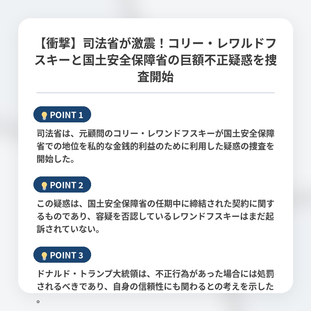 【衝撃】司法省が激震!コリー・レワルドフスキーと国土安全保障省の巨額不正疑惑を捜査開始の注目ポイントまとめ