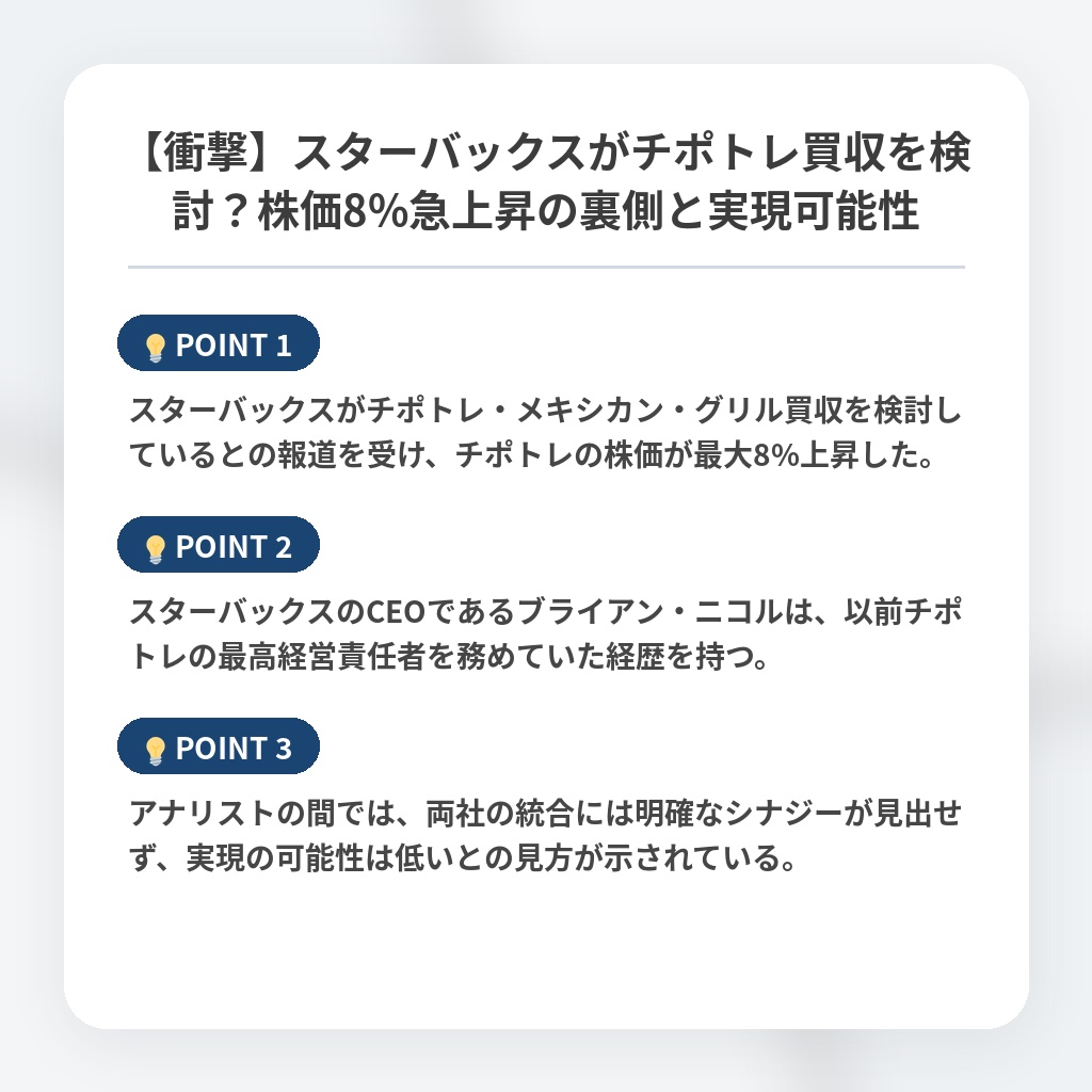 【衝撃】スターバックスがチポトレ買収を検討？株価8%急上昇の裏側と実現可能性の注目ポイントまとめ
