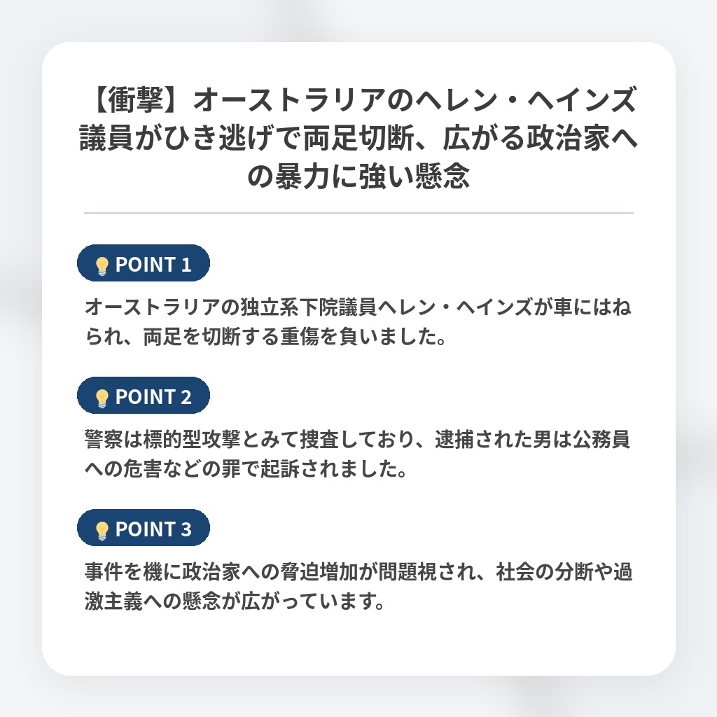 【衝撃】オーストラリアのヘレン・ヘインズ議員がひき逃げで両足切断、広がる政治家への暴力に強い懸念の注目ポイントまとめ