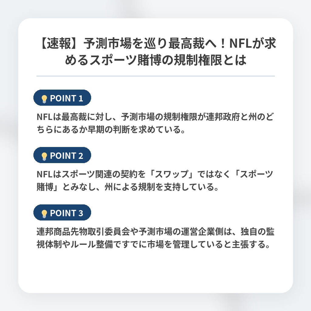 【速報】予測市場を巡り最高裁へ！NFLが求めるスポーツ賭博の規制権限とはの注目ポイントまとめ