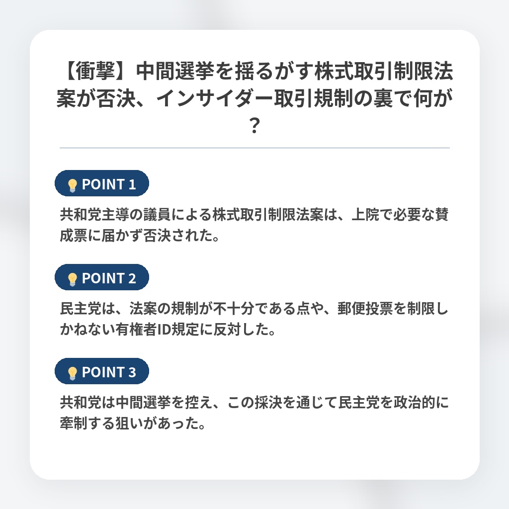 【衝撃】中間選挙を揺るがす株式取引制限法案が否決、インサイダー取引規制の裏で何が？の注目ポイントまとめ