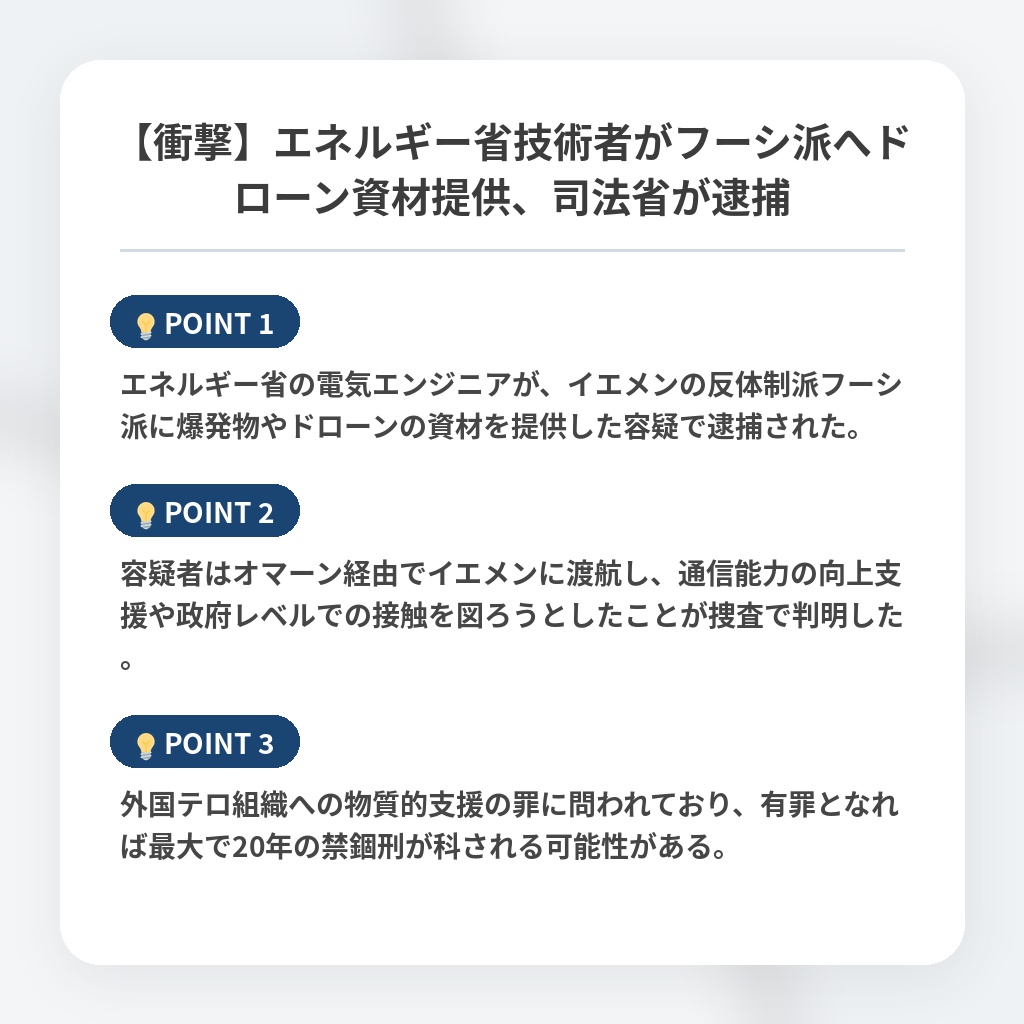 【衝撃】エネルギー省技術者がフーシ派へドローン資材提供、司法省が逮捕の注目ポイントまとめ