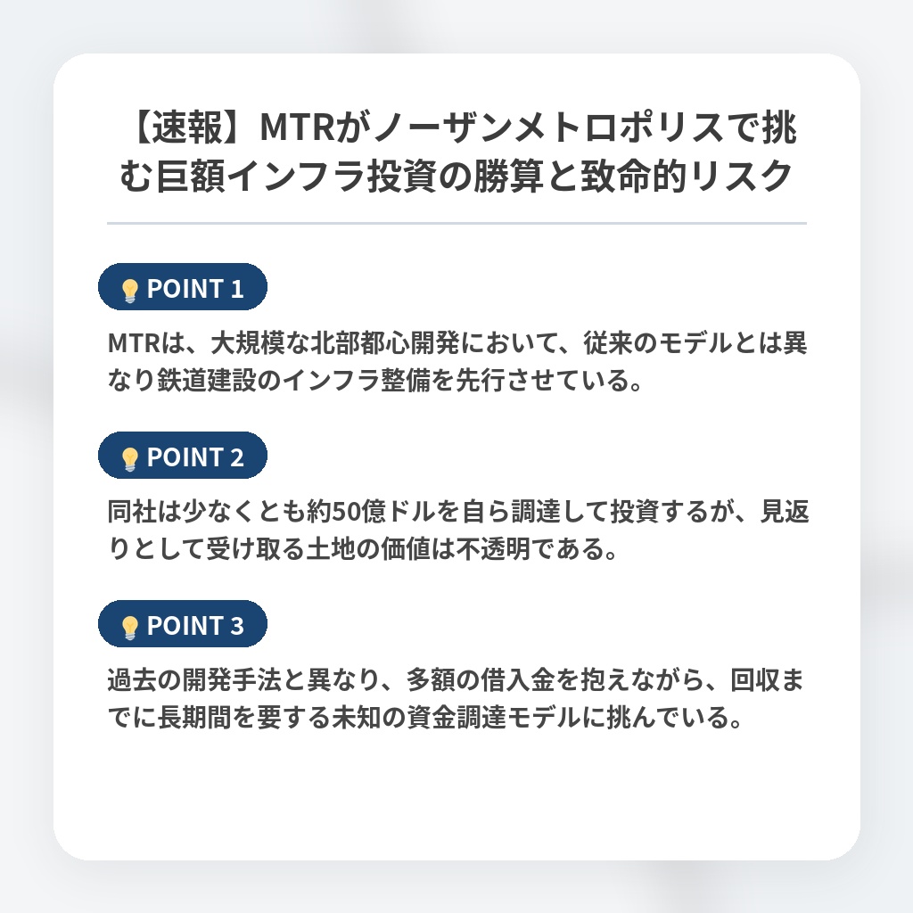 【速報】MTRがノーザンメトロポリスで挑む巨額インフラ投資の勝算と致命的リスクの注目ポイントまとめ