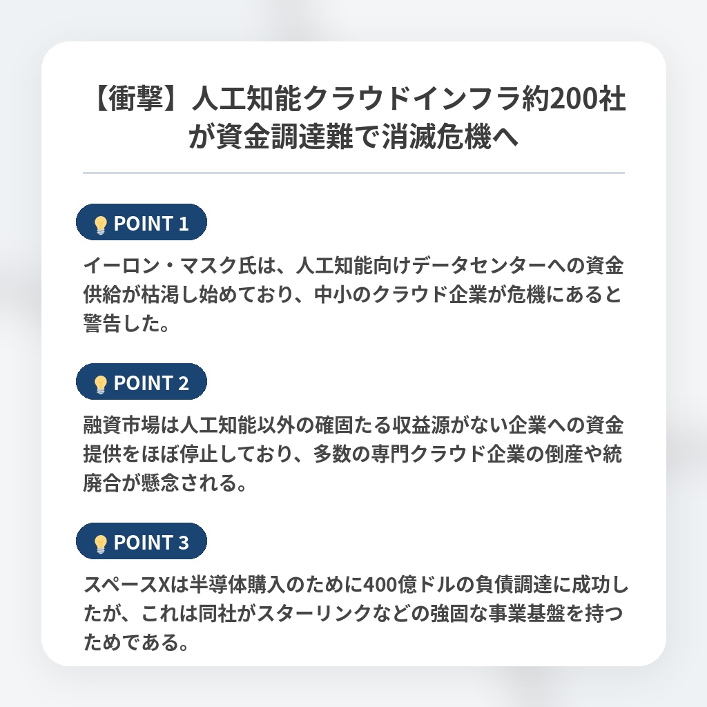 【衝撃】人工知能クラウドインフラ約200社が資金調達難で消滅危機への注目ポイントまとめ
