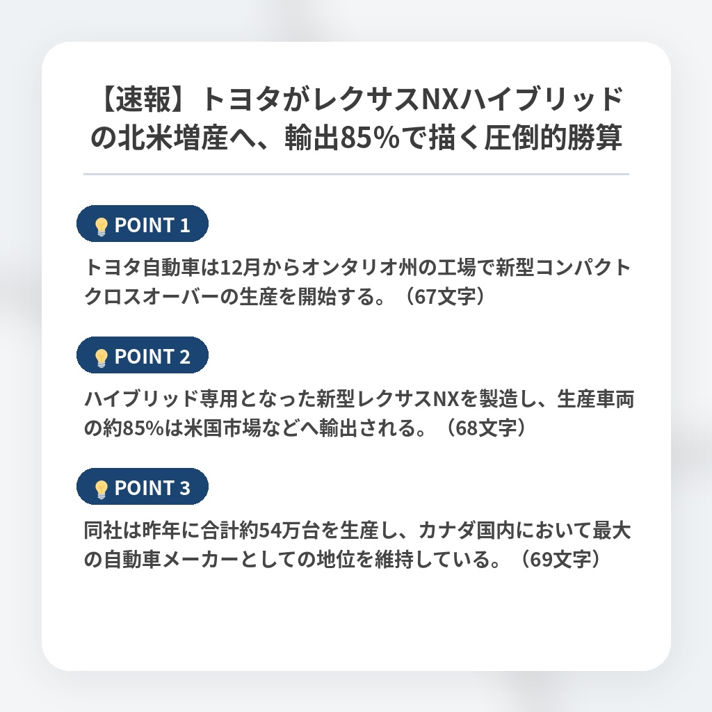 【速報】トヨタがレクサスNXハイブリッドの北米増産へ、輸出85％で描く圧倒的勝算の注目ポイントまとめ