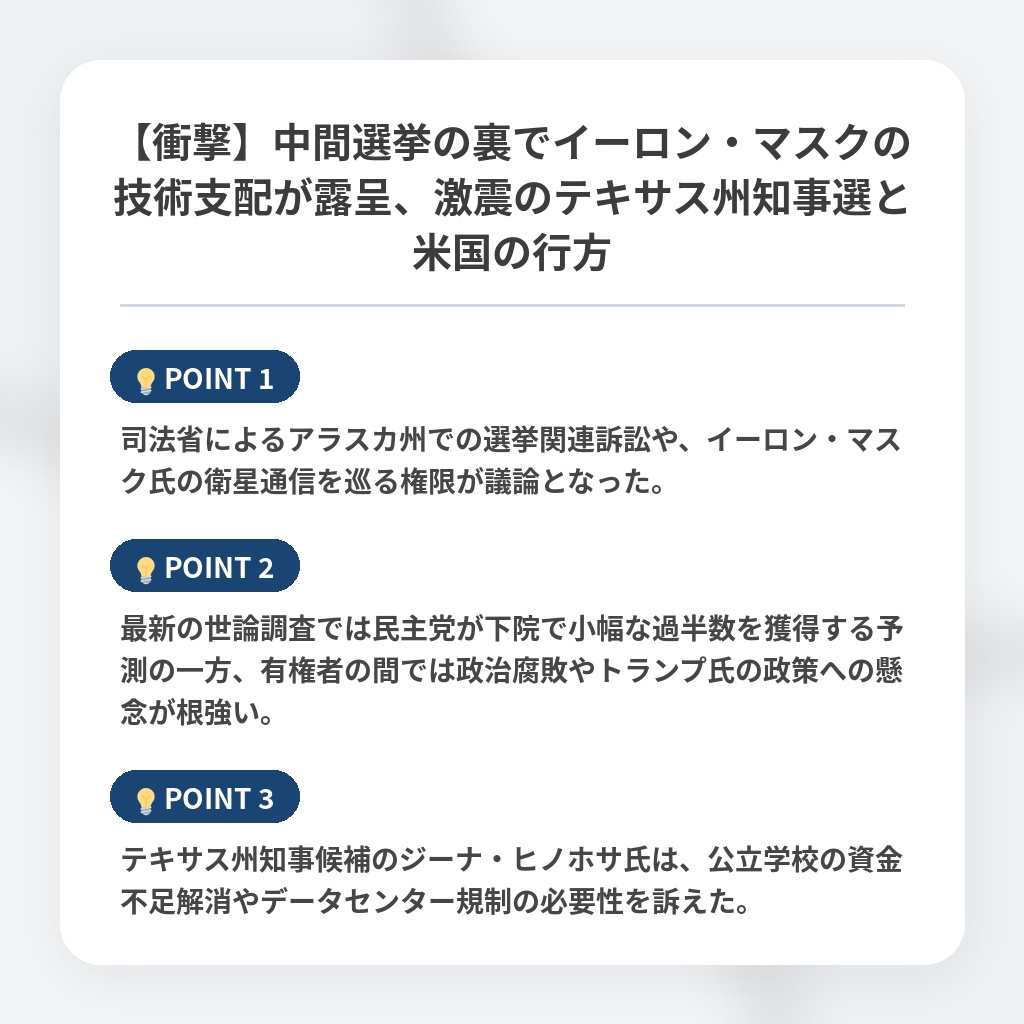 【衝撃】中間選挙の裏でイーロン・マスクの技術支配が露呈、激震のテキサス州知事選と米国の行方の注目ポイントまとめ