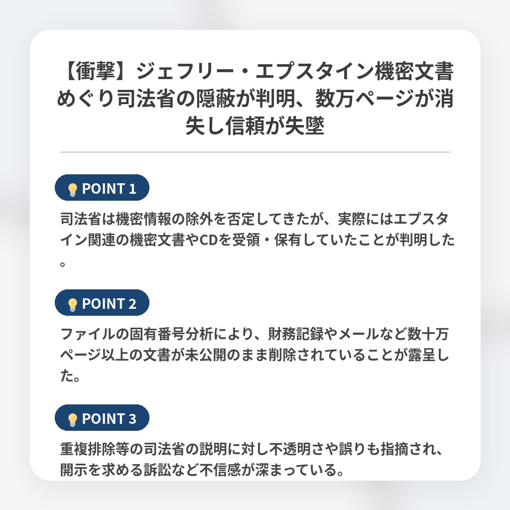 【衝撃】ジェフリー・エプスタイン機密文書めぐり司法省の隠蔽が判明、数万ページが消失し信頼が失墜の注目ポイントまとめ
