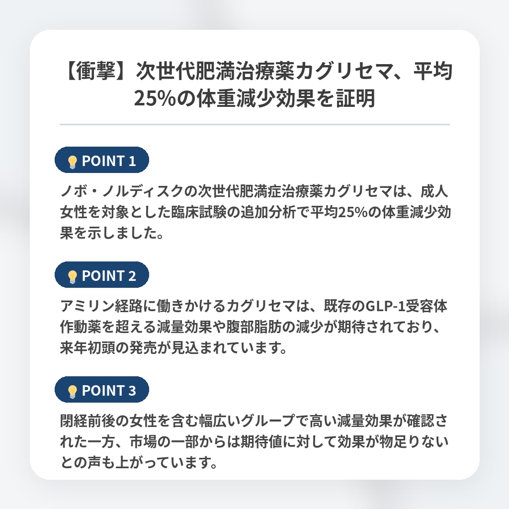 【衝撃】次世代肥満治療薬カグリセマ、平均25%の体重減少効果を証明の注目ポイントまとめ