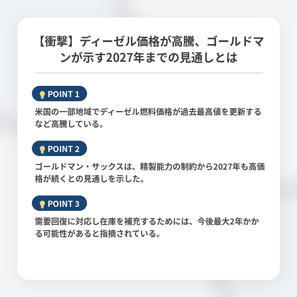 【衝撃】ディーゼル価格が高騰、ゴールドマンが示す2027年までの見通しとはの注目ポイントまとめ