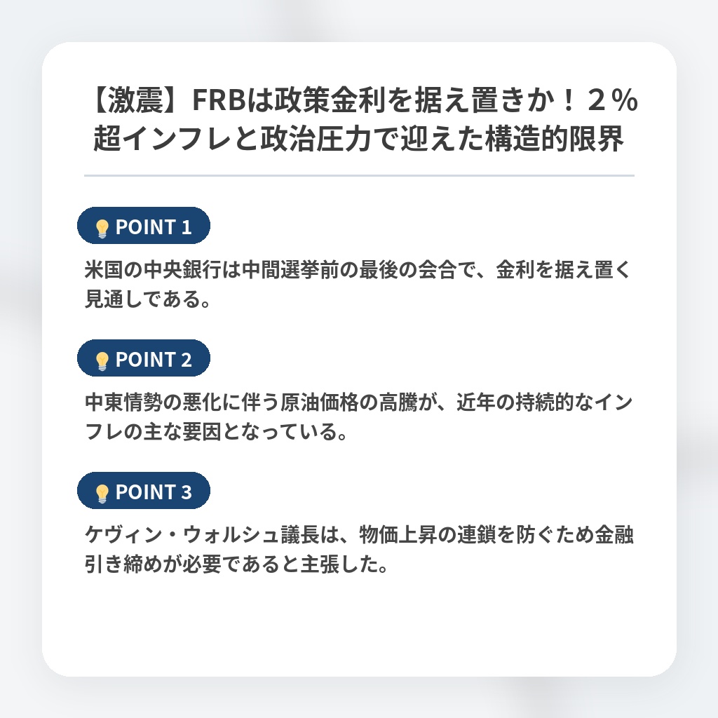 【激震】FRBは政策金利を据え置きか!2%超インフレと政治圧力で迎えた構造的限界の注目ポイントまとめ