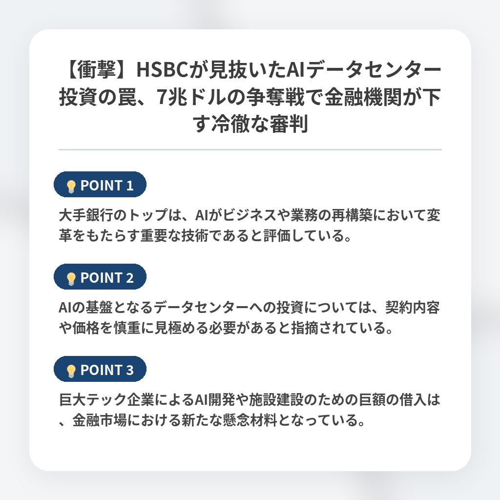 【衝撃】HSBCが見抜いたAIデータセンター投資の罠、7兆ドルの争奪戦で金融機関が下す冷徹な審判の注目ポイントまとめ