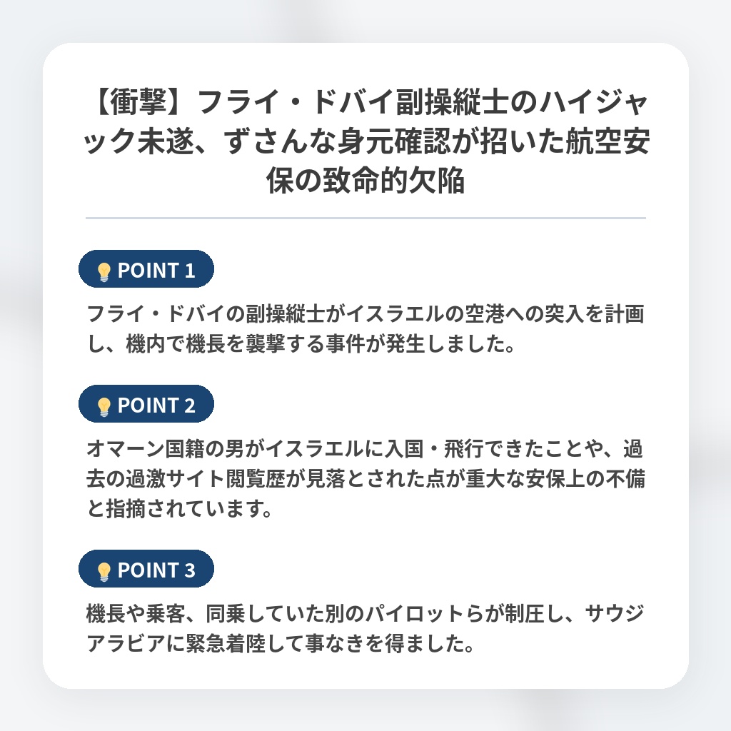 【衝撃】フライ・ドバイ副操縦士のハイジャック未遂、ずさんな身元確認が招いた航空安保の致命的欠陥の注目ポイントまとめ