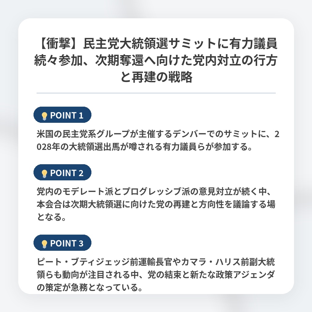 【衝撃】民主党大統領選サミットに有力議員続々参加、次期奪還へ向けた党内対立の行方と再建の戦略の注目ポイントまとめ