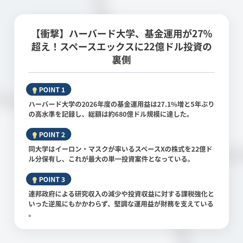 【衝撃】ハーバード大学、基金運用が27%超え！スペースエックスに22億ドル投資の裏側の注目ポイントまとめ