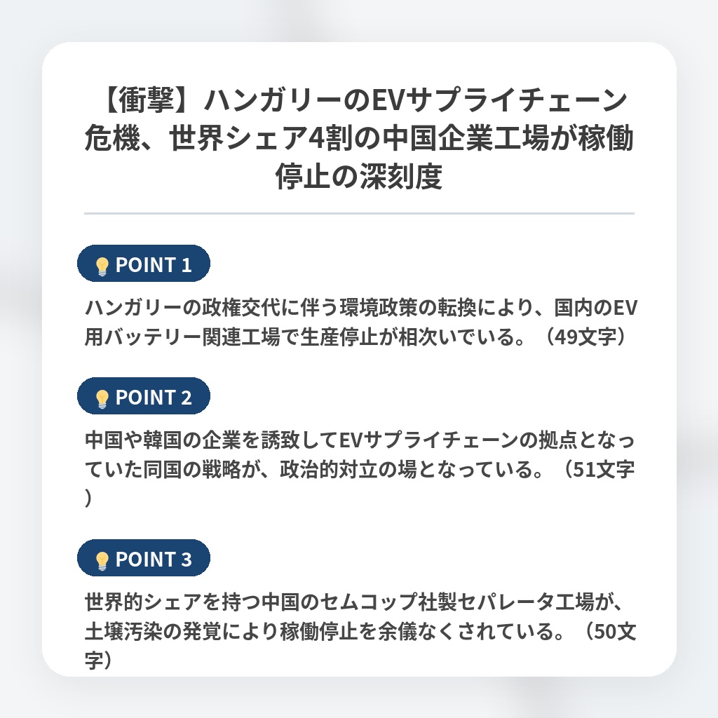 【衝撃】ハンガリーのEVサプライチェーン危機、世界シェア4割の中国企業工場が稼働停止の深刻度の注目ポイントまとめ
