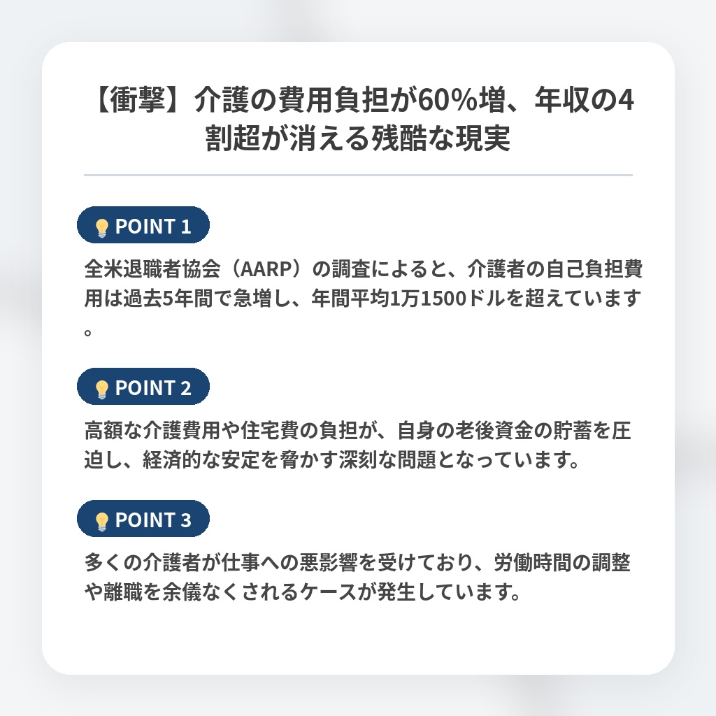 【衝撃】介護の費用負担が60%増、年収の4割超が消える残酷な現実の注目ポイントまとめ