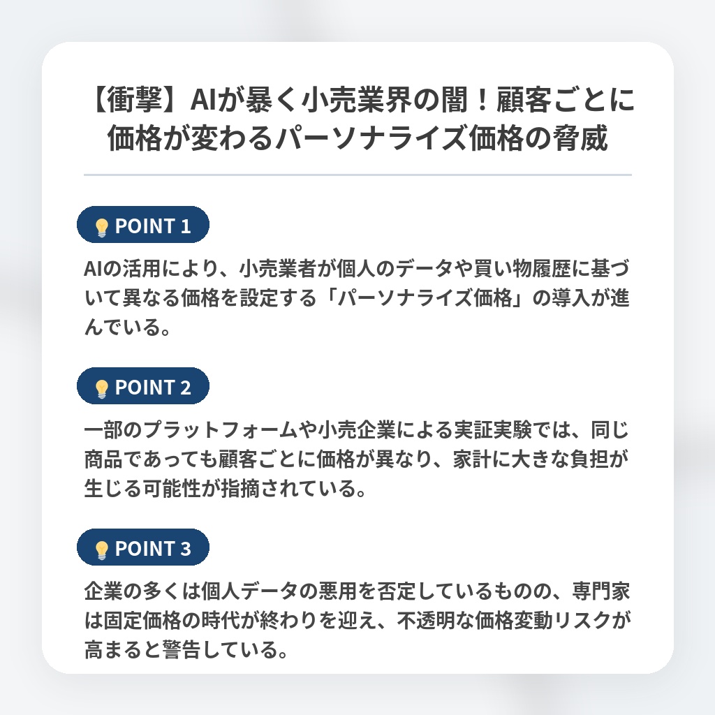 【衝撃】AIが暴く小売業界の闇！顧客ごとに価格が変わるパーソナライズ価格の脅威の注目ポイントまとめ