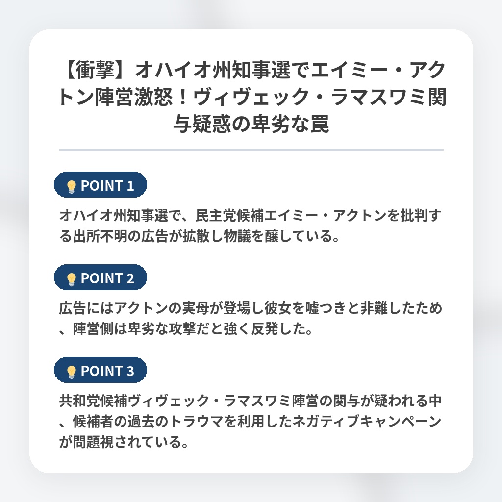 【衝撃】オハイオ州知事選でエイミー・アクトン陣営激怒！ヴィヴェック・ラマスワミ関与疑惑の卑劣な罠の注目ポイントまとめ