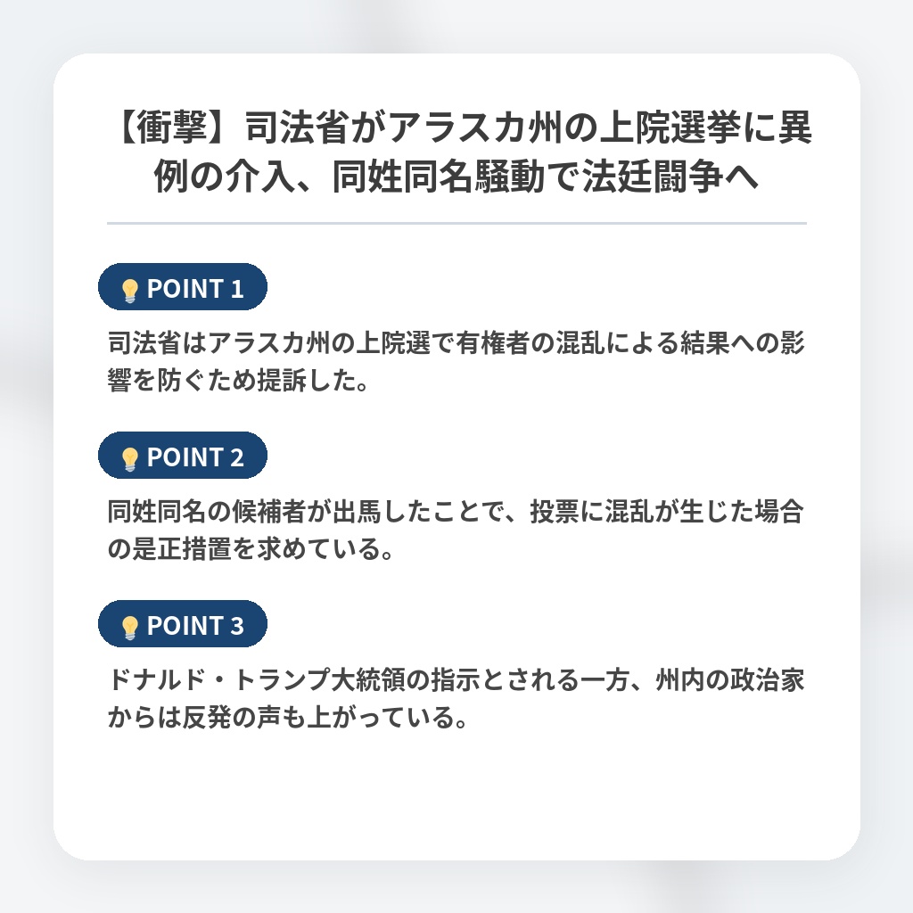 【衝撃】司法省がアラスカ州の上院選挙に異例の介入、同姓同名騒動で法廷闘争への注目ポイントまとめ