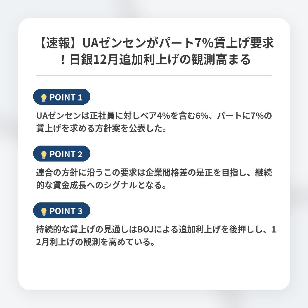 【速報】UAゼンセンがパート7%賃上げ要求!日銀12月追加利上げの観測高まるの注目ポイントまとめ