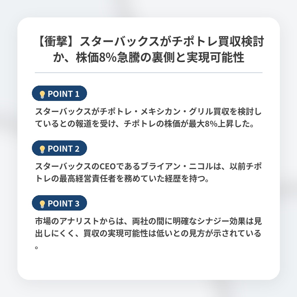 【衝撃】スターバックスがチポトレ買収検討か、株価8%急騰の裏側と実現可能性の注目ポイントまとめ