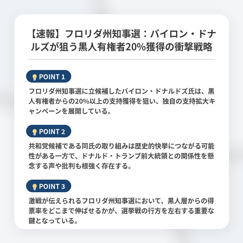 【速報】フロリダ州知事選:バイロン・ドナルズが狙う黒人有権者20%獲得の衝撃戦略の注目ポイントまとめ