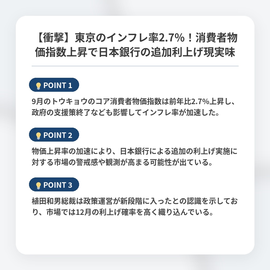 【衝撃】東京のインフレ率2.7%！消費者物価指数上昇で日本銀行の追加利上げ現実味の注目ポイントまとめ