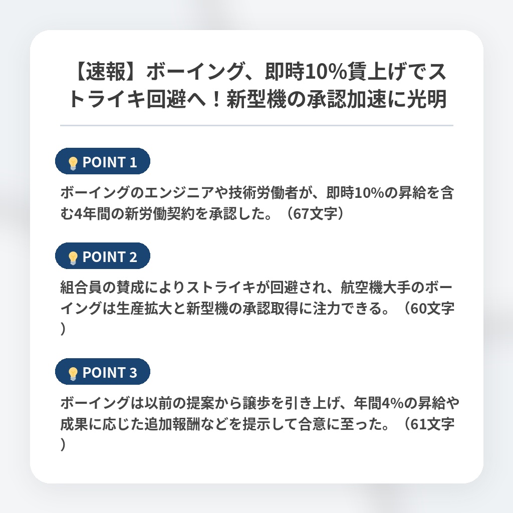 【速報】ボーイング、即時10%賃上げでストライキ回避へ！新型機の承認加速に光明の注目ポイントまとめ