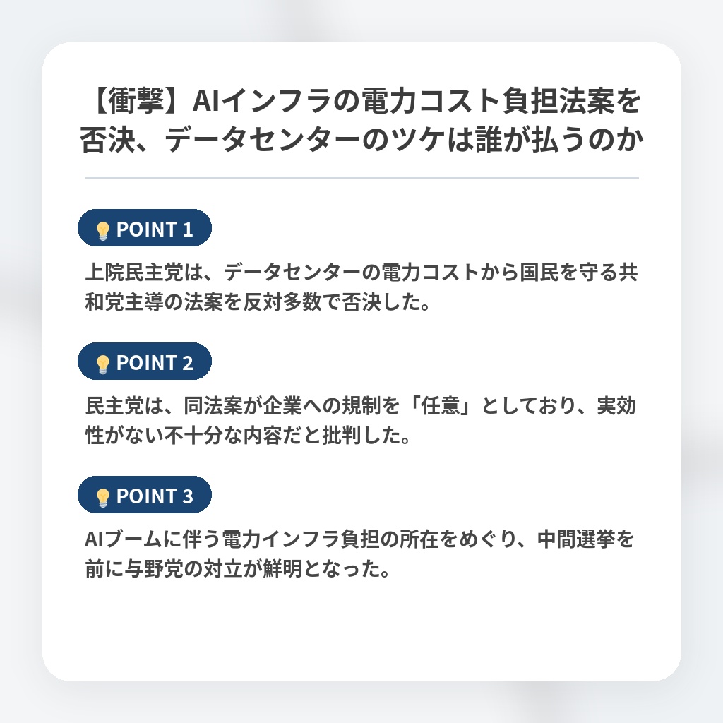 【衝撃】AIインフラの電力コスト負担法案を否決、データセンターのツケは誰が払うのかの注目ポイントまとめ