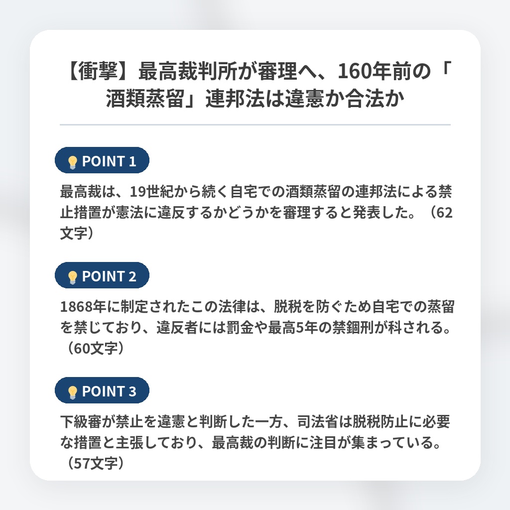 【衝撃】最高裁判所が審理へ、160年前の「酒類蒸留」連邦法は違憲か合法かの注目ポイントまとめ